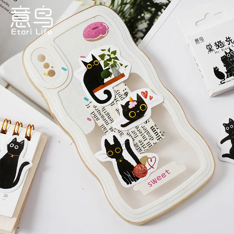46pcs Cute Mr. Black new Cat Boxed Stickers Decorative Scrapbooking Vintage Label Diary Stationery Album Phone 2025 Journal Planner