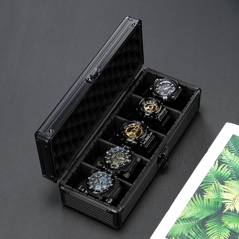 Aluminum Watch Storage Box Suitcase Case Display 5/10 Slots Black Mobile Bulkhead Organizer Box for Men Watch Pillow Clock Boxes