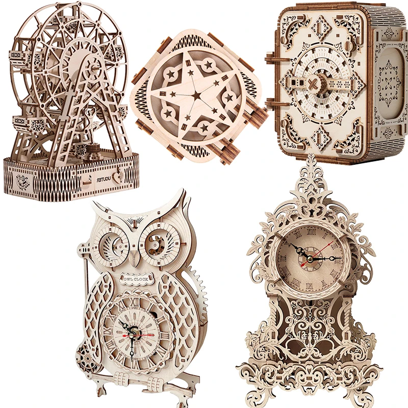 3D DIY Wood Puzzle Jigsaw Vintage Pendulum Owl Clock Ferris Wheel Model Set Creative Assembled Puzzle Toys Gifts For Adults Gift