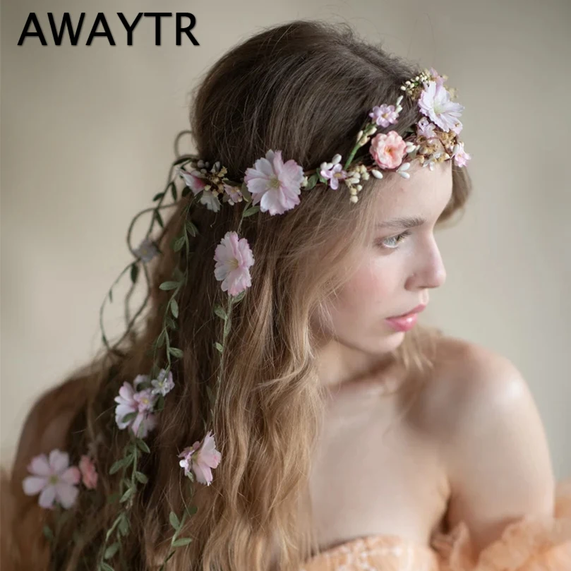 AWAYTR Women Girls Vine 2025 Flower Headband Bride Flower Crown Hairband Hair Accessories new Wedding Party Spring New Wreath Headwear