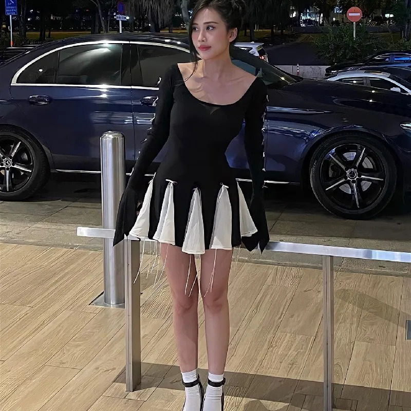 Xeemilo Autumn Bow Lace Up Slim Dress Aesthetic Long Sleeve Black White Patchwork Skinny Dresses Korean Fashion Party Vestidos 240518
