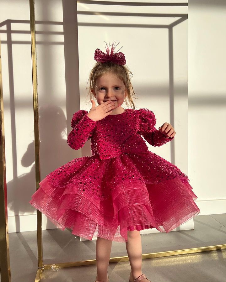long sleeves Toddler Flower Girls Dresses For Weddings 2024 red sequined Girl Birthday Party Dress Ball Gown Little Girls Pageant Wear Princess Kids p