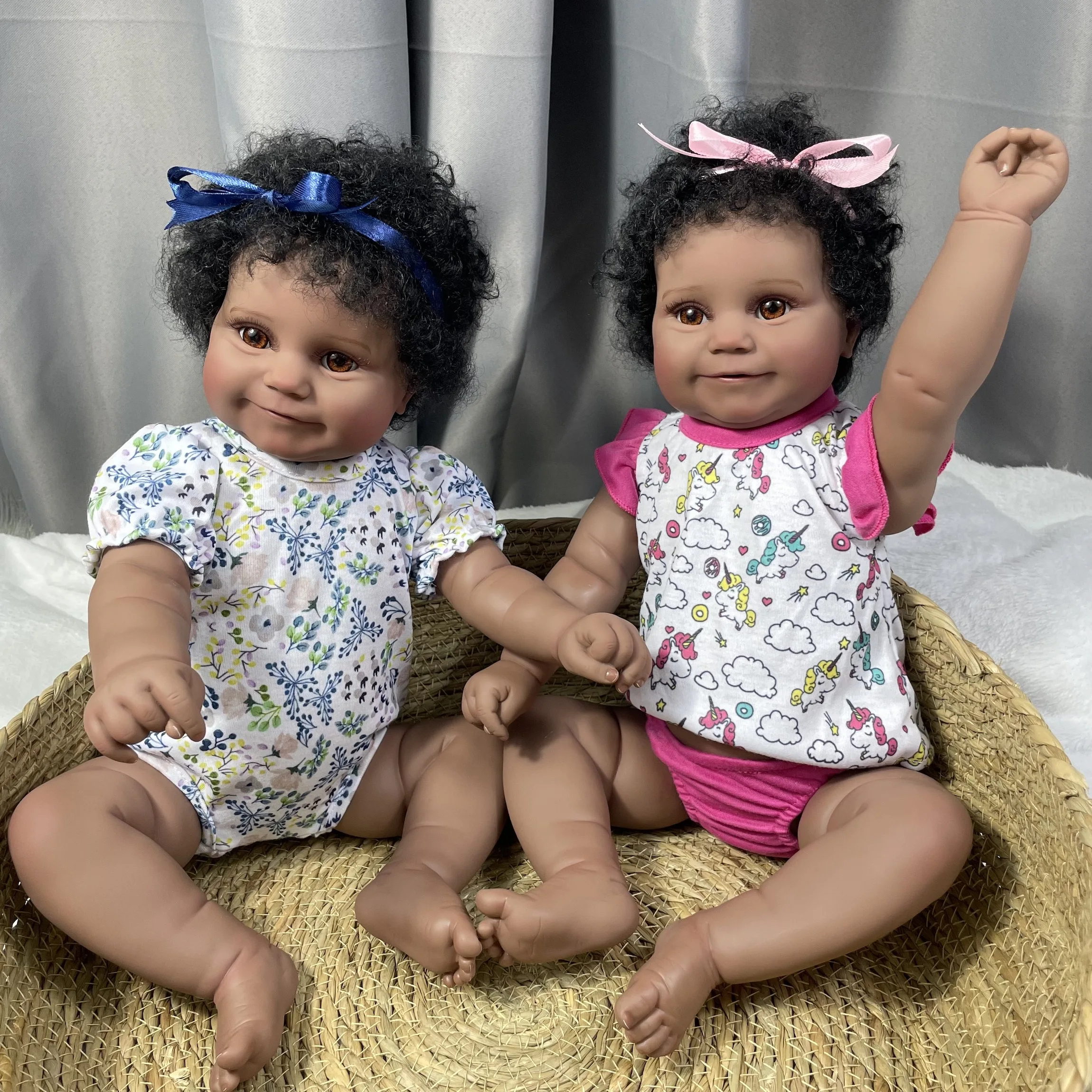 19Inch African American Doll Maddie Twins Full Silicone Vinyl Girl Washable Dark Skin Reborn Baby Handmade Rooted Hair Toy Gift