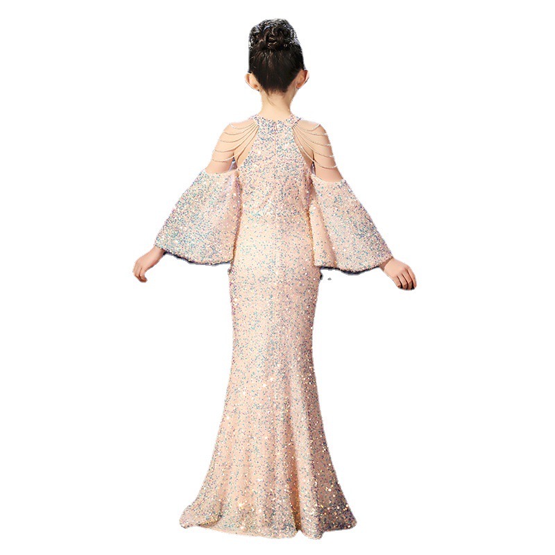 Long Boho Flower Girls Dresses For Wedding sequined mermaid Floor Length Lace Little Kids First Communion Dress Vintage sequined off shoulder Girls Pa