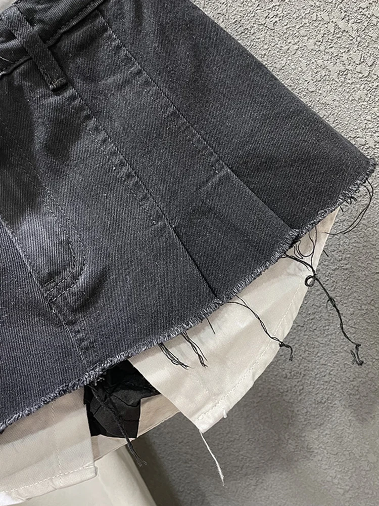 DEAT Trend Contrast Color Patchwork Denim Skirt Women Hem Burrs High Waist Loose Wrap Hip 2025 Skirts new Female 2024 Spring New 11XX1592