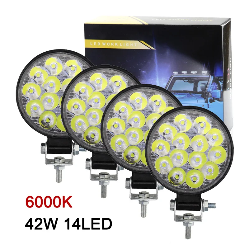 4PCS Car LED Worklights 14LED 42W 6500K Offroad Work Light Modified Headlight Engineering Spotlights For ATV UTV Truck Tractor