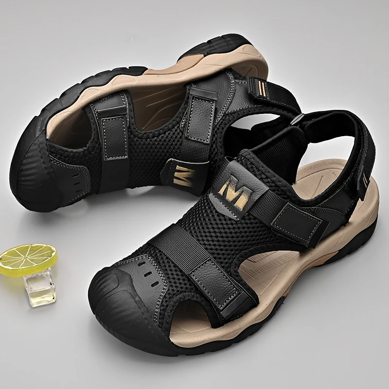 Men Sandals Non-slip Rubber Soles High Quality Casual Water Trekking Mesh Leather Beach Breathable Summer Outdoor Hiking Soft