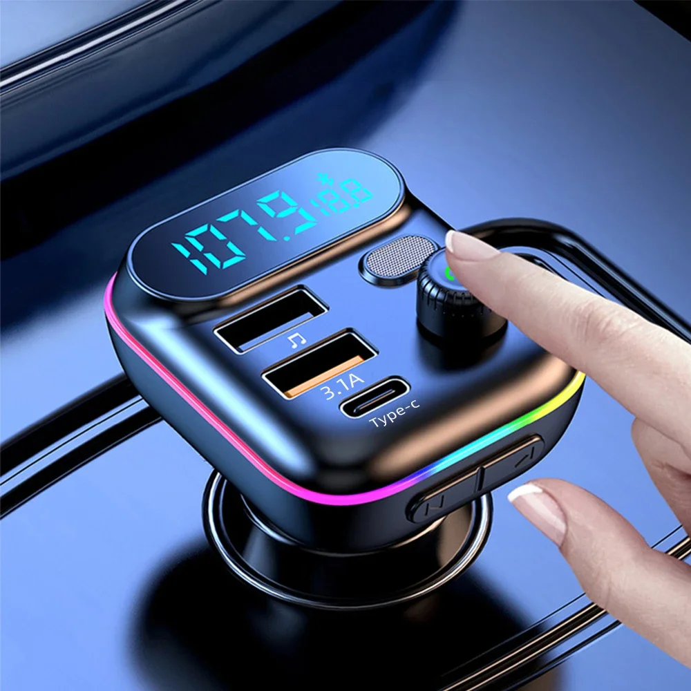 Car Bluetooth 5.0 FM Transmitter QC3.0 PD Type C Dual USB 2025 Car Charger new Ambient Light Handsfree Mp3 Player Support TF Card