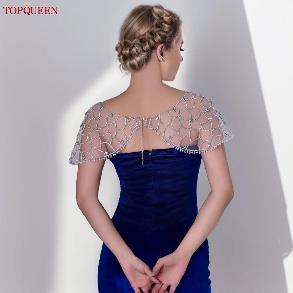 TOPQUEEN Crystal Rhinestone Bridal Wraps White Lace Wedding Shawl Jacket Bolero Wrap Bridal Wedding Wholesale 2023 SG14