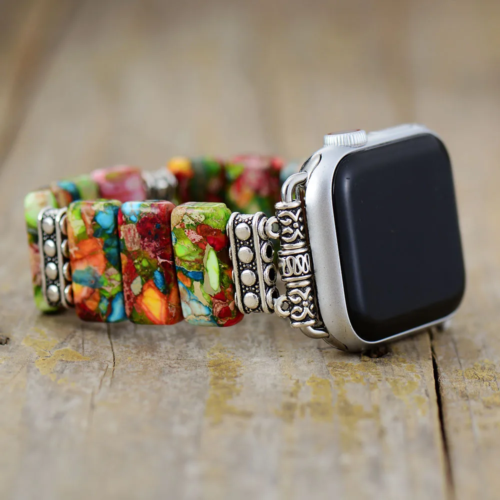 Spiritual 7 Color Chakra Imperial Jaspers Elastic Smart Watch Strap 38mm/45mm Stones Stretchy Wristband Lovers Iwatch Bracelet