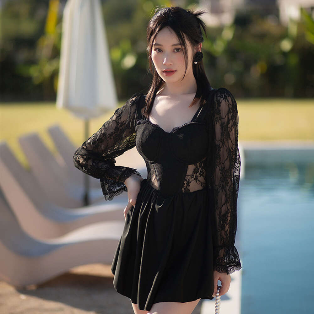 Ddmytiger Large Lace Long Sleeved Swimsuit Women S Jumpsuit Style Chubby Mm Belly Covering Slimming And Sexy Conservative Gathering Hot Spring Swimsui