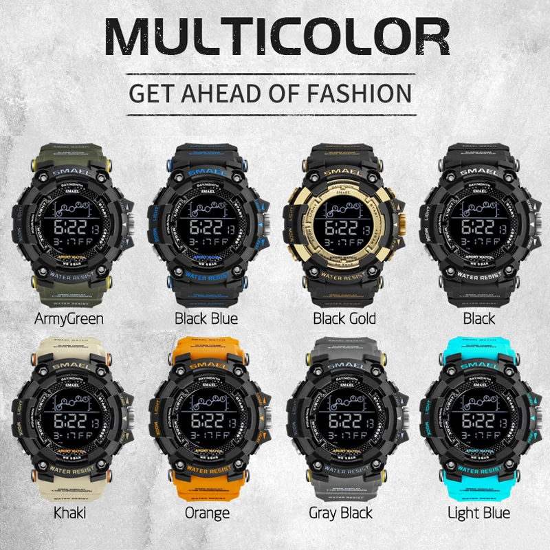 SMAEL Mens Watch new Water Resistant 2025 Sport Watches Army Big Dial Led Digital Wristwatches Stopwatches for Male 1802 Clock