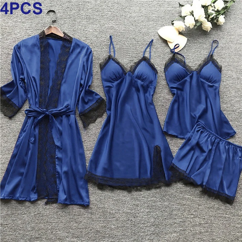 New Low Price Women Pajamas Sets Satin Sleepwear Silk 4 Pieces Nightwear Strap Lace Sleep Lounge Pajama With Chest Pads Drop