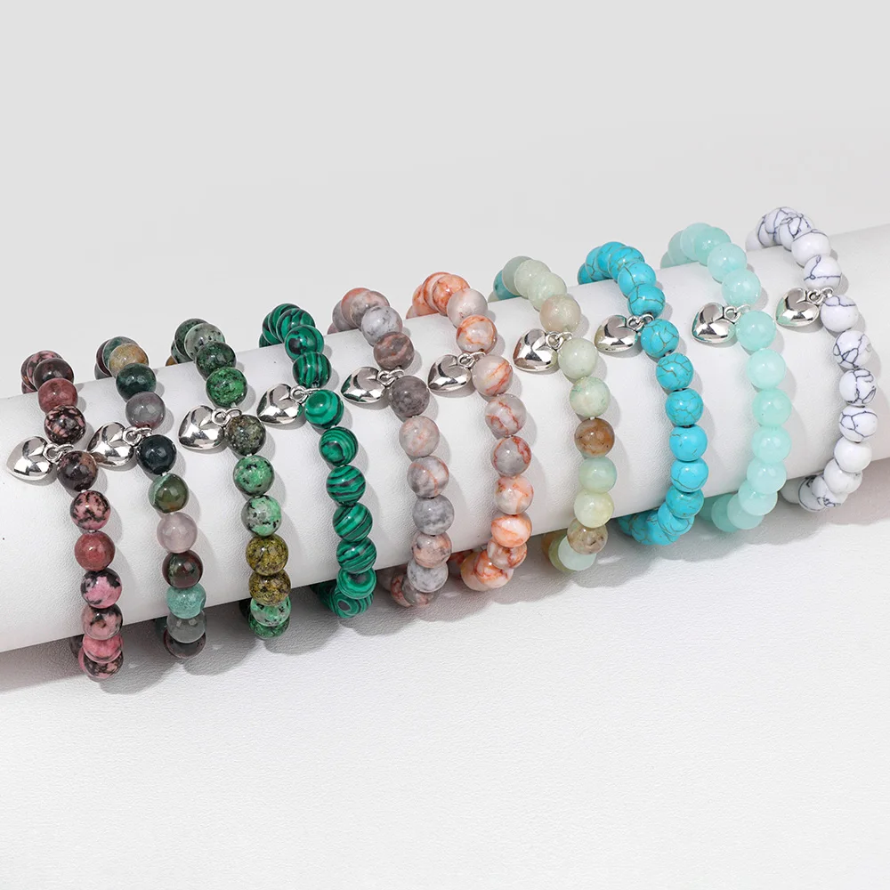 Romantic Heart Shape Pendant Bracelet Women 8mm Natural Stone Amazonite Agates Beads Charm Bracelets Men Couples Jewelry Gift