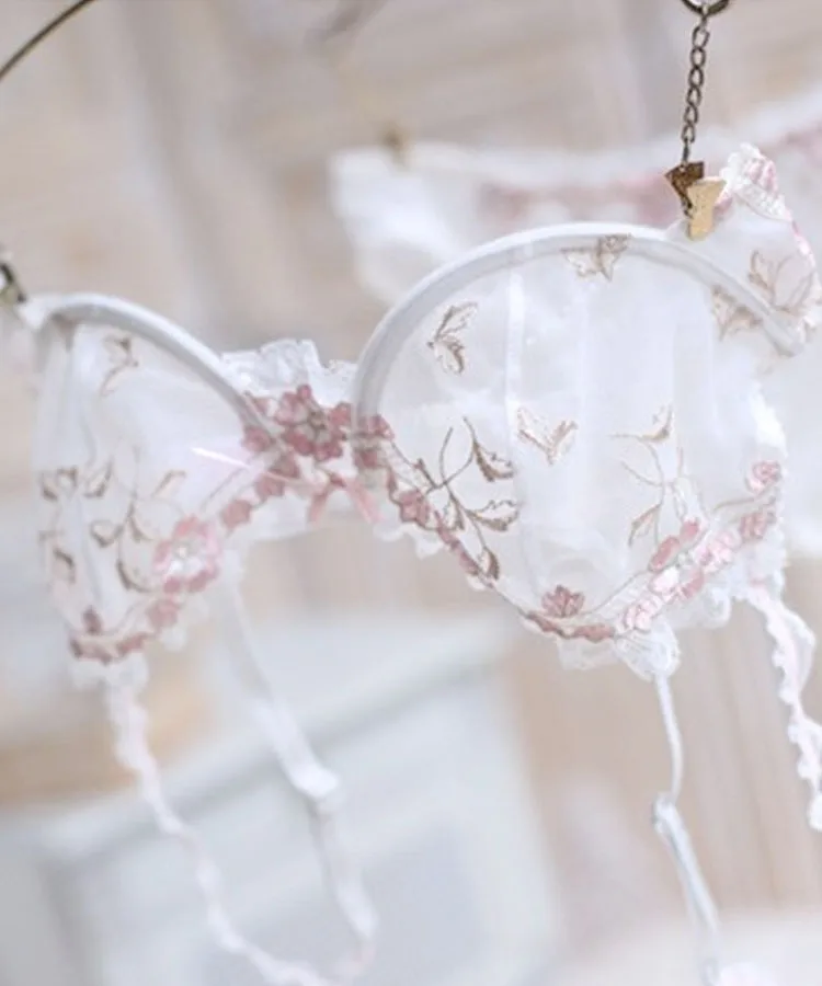 Women's Sexy Lace lingeries Embroidered Flower Bra Unlined Bra with Underwire See Through Breathable Bra set