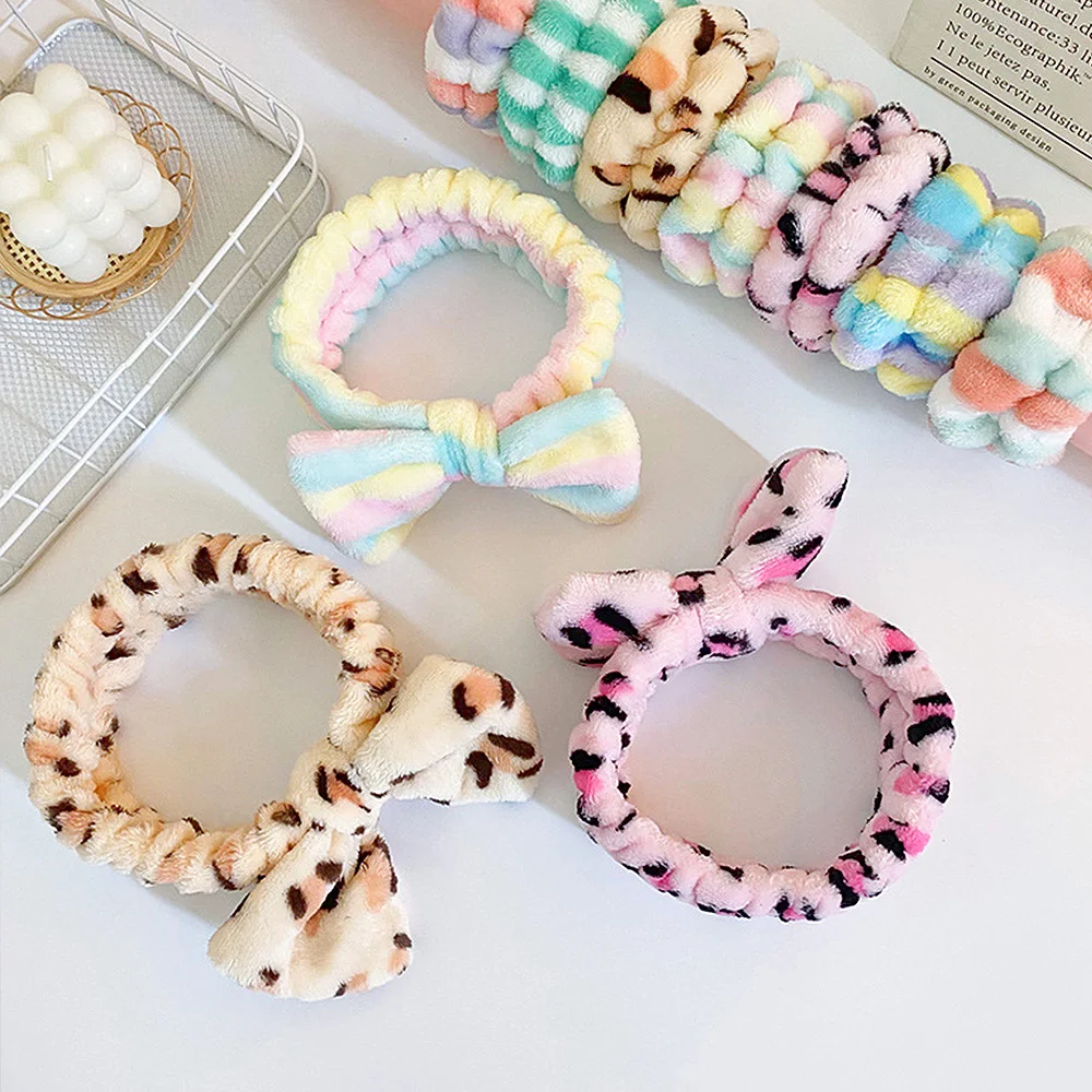 Cute Dot Striped Bowtie Hair Band Classic High Elastic Big new Soft Coral 2025 Fleece Makeup Headbands For Women Washing Face Shower Spa