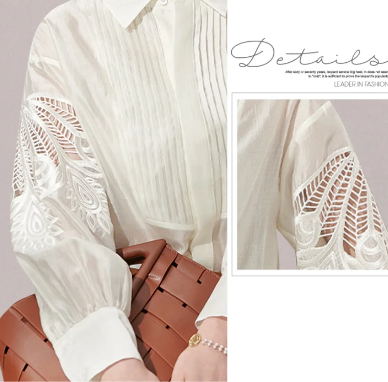 2023 Spring Commuting Long-sleeved new shirt Turndown collar Vintage 2025 Women embroidery Lace Tops Hollow out White Blouse