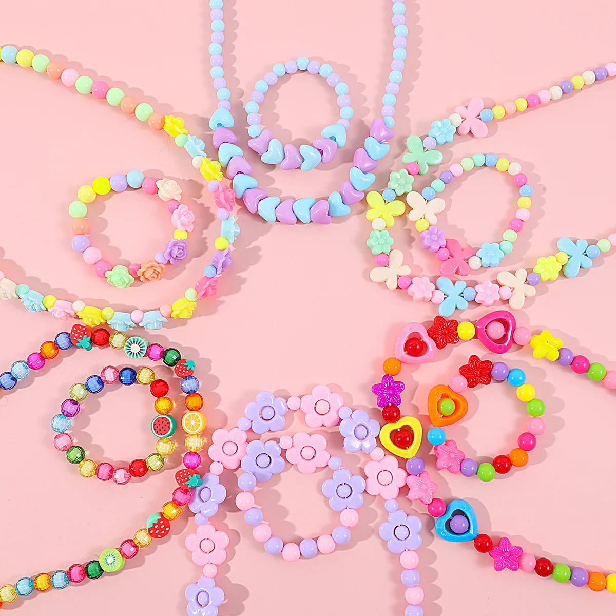 Makersland Children's new Beaded Flower 2025 Bracelet Colorful Acrylic Flower Necklace Girls Children's Jewelry Sets Wholesale