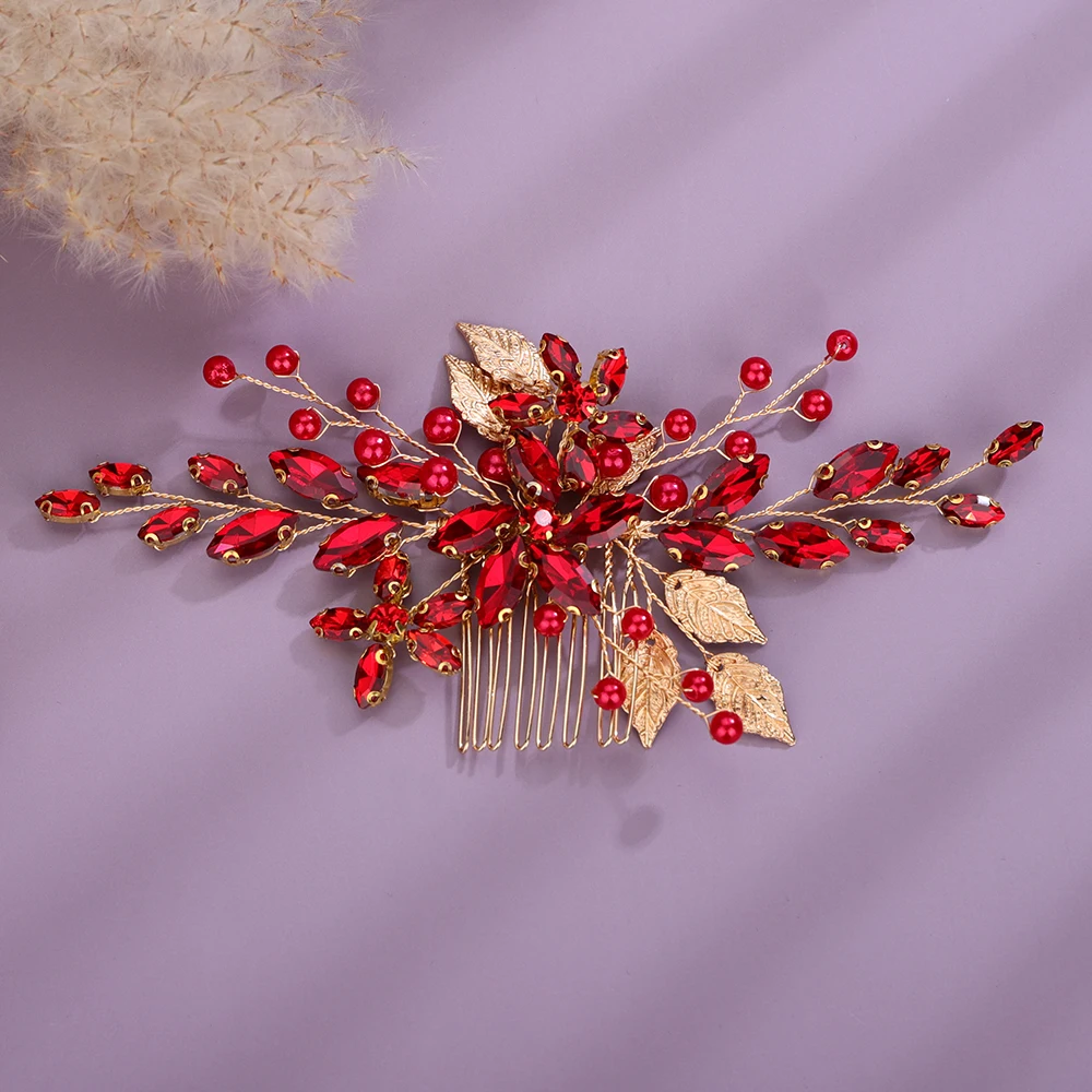 2025 Blue new Red Rhinestone Bridal Headpiece Women Handmade Hair Comb Party Wedding Head Accessories Jewelry Sier Gold Party Tiaras