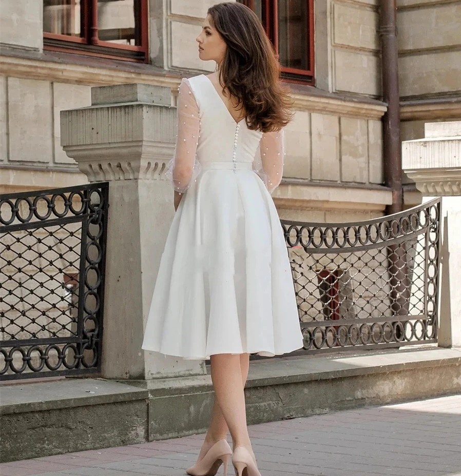 Beach A-line Short Wedding Dresses 2024 Scoop Pearl Long Sleeves Knee Length Satin Bridal Bride Gowns Vestido De Novia Customed