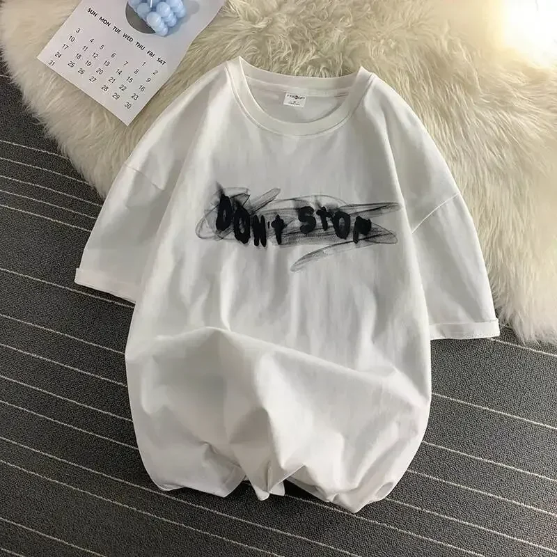 Summer creative letter 2025 printing small lovers loose new casual t-shirt versatile handsome men and women half sleeve short sleeve top