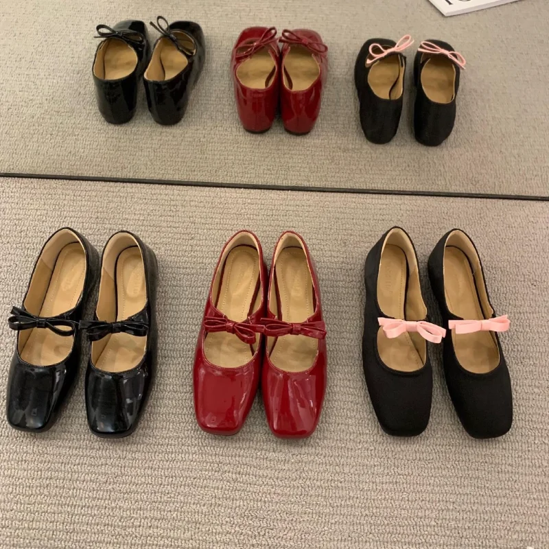 Ballet Falts Shoes for 2025 new Women Bow Tie Elegant Women's Loafers Shoes with Low Heels Black Leather Mary Janes Desinger Shoes Ladies