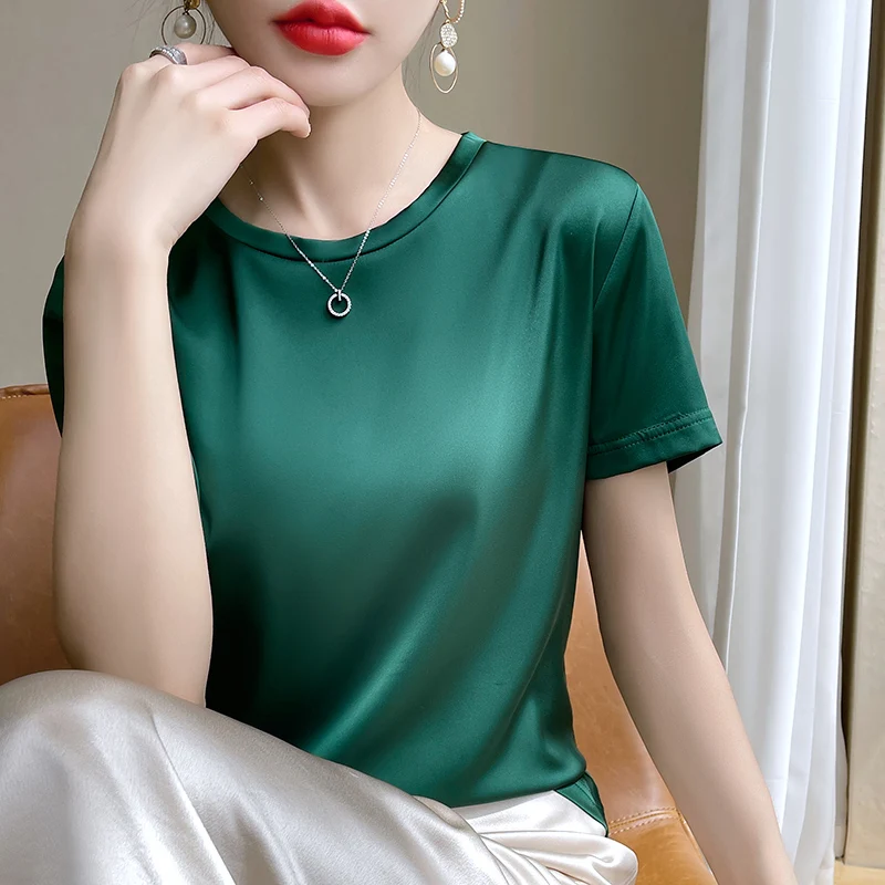 Summer 2025 Short-Sleeved Women's Acetic Acid T-Shirt Satin New Simple Loose Round new Neck Vest Top Joker Slim