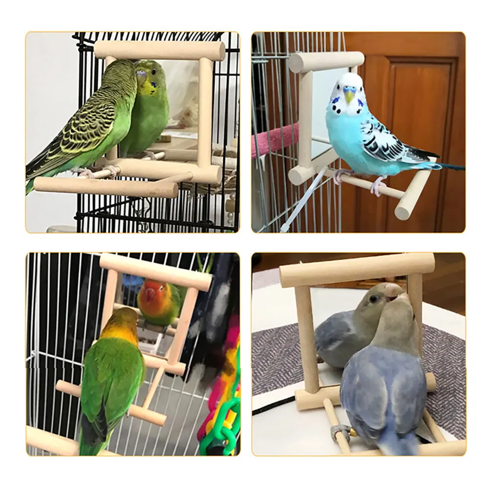 Parrots Mirror Wooden Playstand Bird Perches Playgym Paw Grinding Wood Standing Bar Rack for Parakeet Cockatiel Bird Supplies