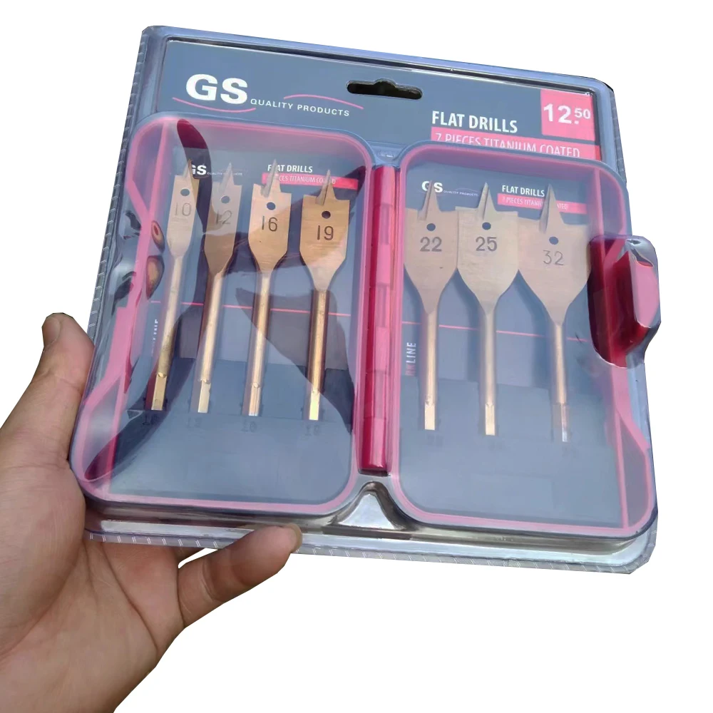 New packing 7pcs/ box Hex 2025 Shank Spade Bit Flat Boring Titanium Coating Bit Wood Flat Drill new Bit Set