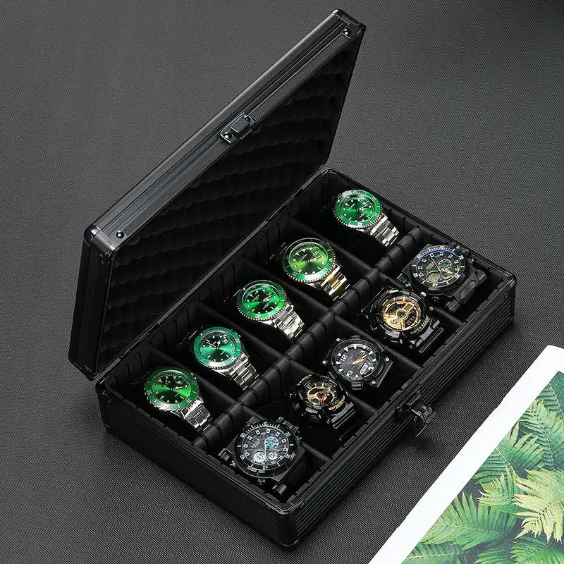 Aluminum Watch Storage Box Suitcase Case Display 5/10 Slots Black Mobile Bulkhead Organizer Box for Men Watch Pillow Clock Boxes
