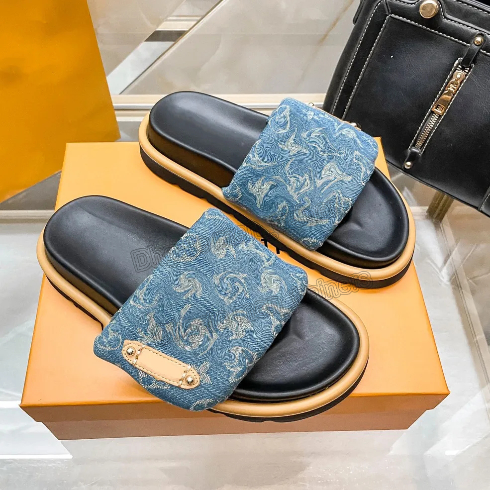 Luxury Mul Pool Pillow Flat Comfort Couple Denim grape Slides Shoes Men Designer Slippers Women Sandale Beach Sandals Vintage Print Flip Letter Slipper 35-46