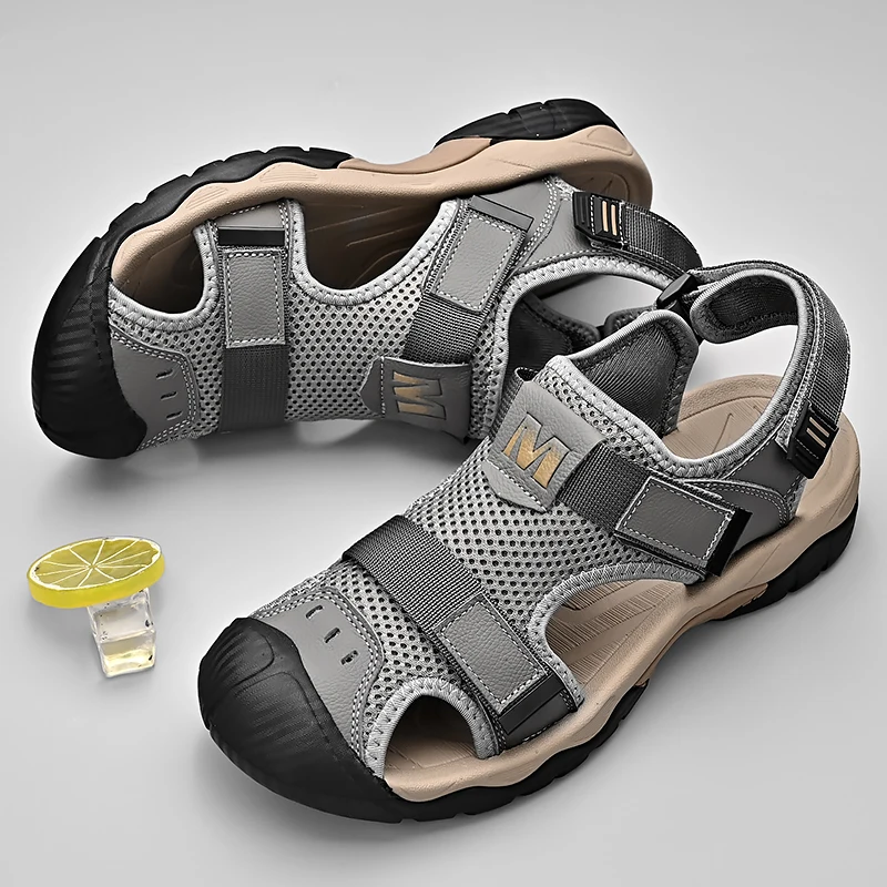 Men Sandals Non-slip Rubber Soles High Quality Casual Water Trekking Mesh Leather Beach Breathable Summer Outdoor Hiking Soft