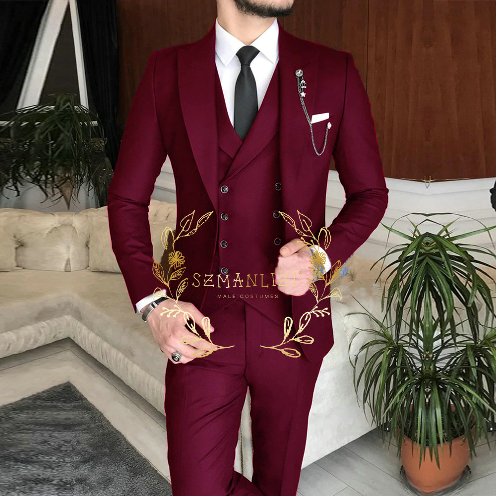 New Arrival Male Suits 2025 Slim new Fit 3 Pieces Peak Lapel Dark Green Classic Men Wedding Suits Groom (Blazer+Vest+Pants) Costume Homme