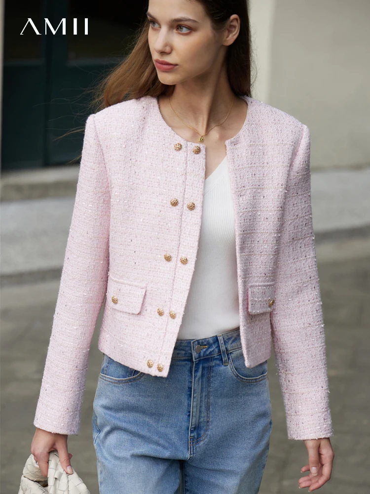 Amii Minimalist Jacket 2025 for new women 2023 Spring New Elegant Round Neck Straight Shoulder Light Tuxedo Short Coat Women 12321002