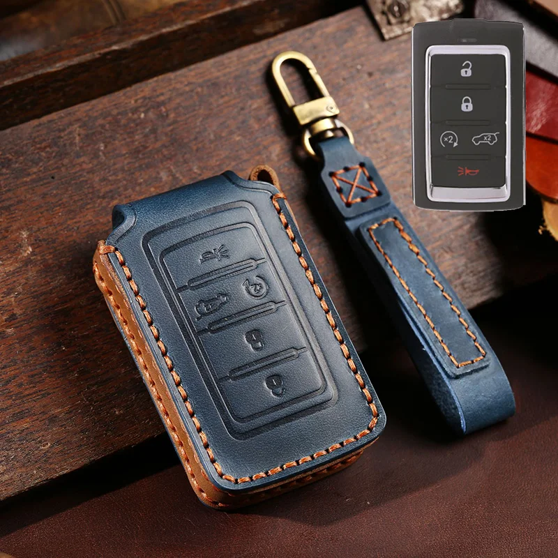 Genuine Leather Car Key Case Cover Fob Shell for Jeep Grand Cherokee Wagoneer 2021 2022 2023 Car Keychain