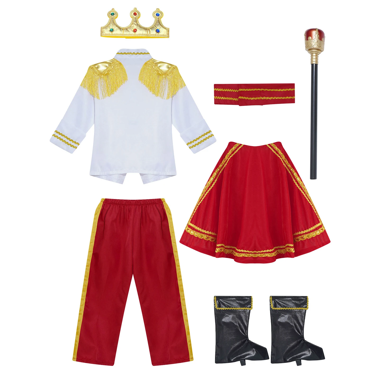 Kid Boys Medieval Prince King Costume Halloween Cosplay Theme Party Masquerade Cloak Crown Scepter Jacket Pants Shoes Covers Set