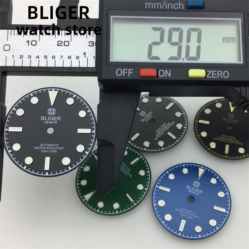 BLIGER 29mm dial Black gray Green Blue dial Green luminous Suitable for NH34 NH35 NH36 ETA 2824 PT5000 Miyota DG series movement
