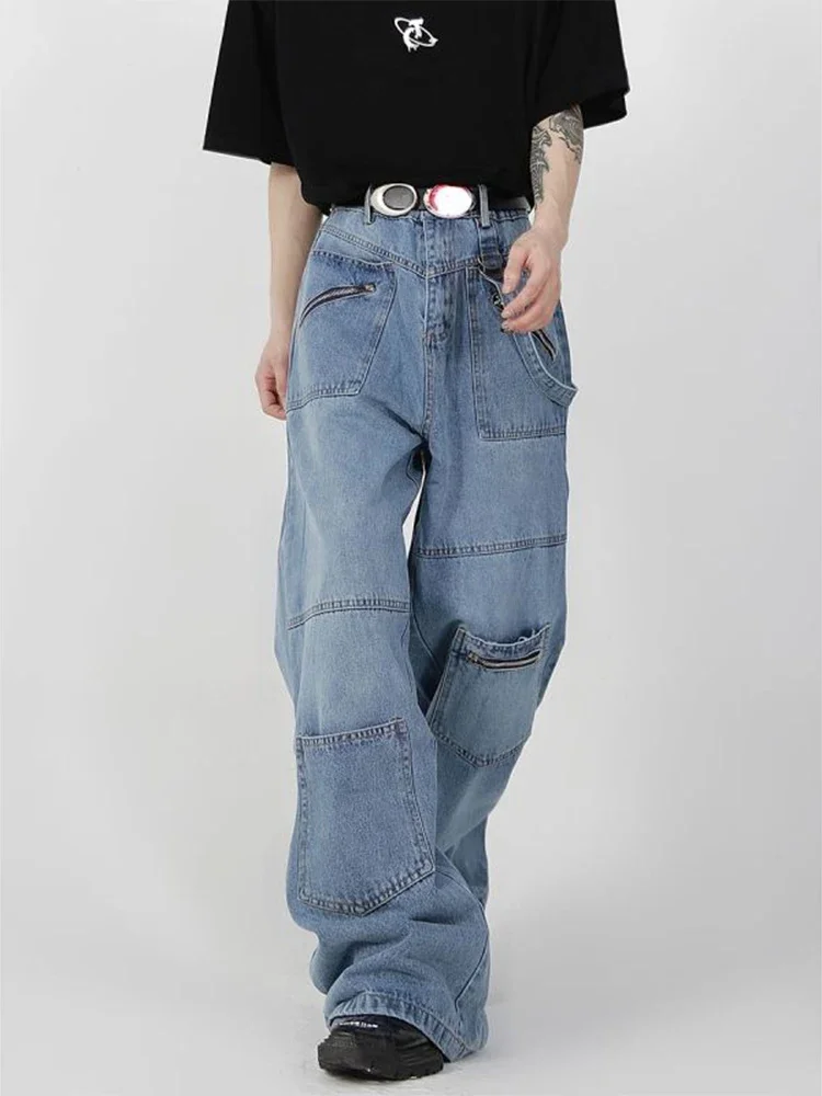 HOUZHOU Baggy 2025 Cargo Jeans Men Denim Wide Leg Trousers Male Oversize Casual Streetwear Hip new Hop Pocket Zipper Safari Style