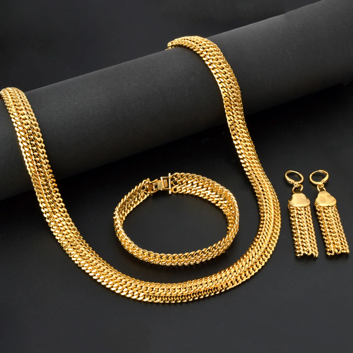Sunny Jewelry Set Chunky Chain Necklace Earrings Bracelet For Women Men Cross Gold Color Statement Punk Collar Accessories Gift