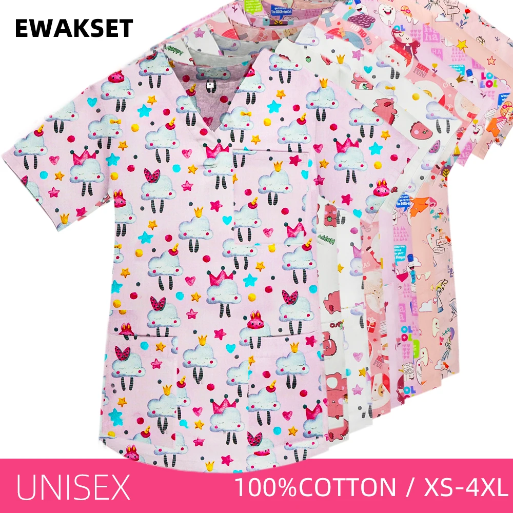 Pink Printed Scrub Tops Short Sleeve Pockets Hospital Blouse Doctor Nursing V-neck Medical Surgical T-shirt womens work Uniforms
