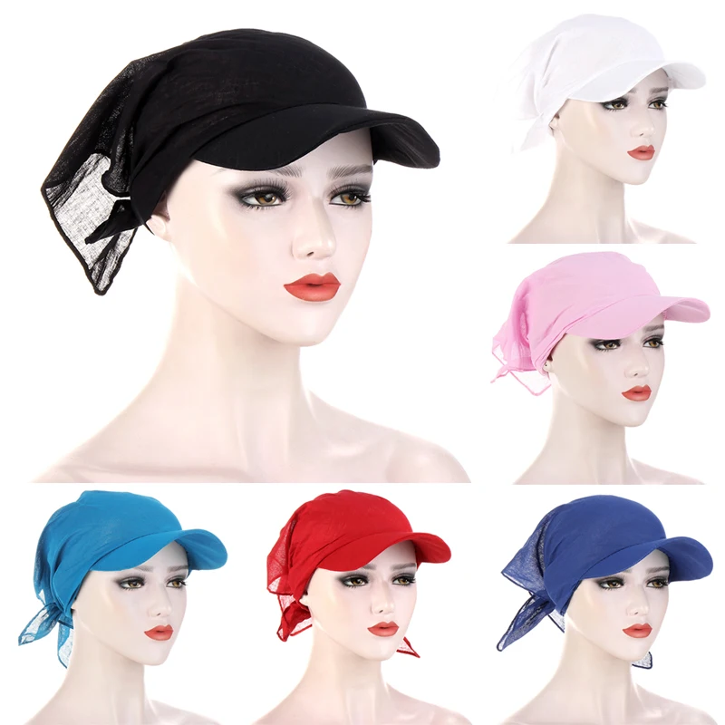 Summer Women Wide Brim Cap Sun Visor with Pre-Tied Turban Caps Head Scarf Windproof Bandana Solid Color Outdoor Beach Sun Hat