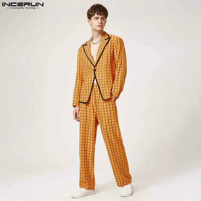 INCERUN 2023 American Style Men Retro Plaid Suits Coats High new 2025 Waist Trousers Casual Streetwear Male All-match Suit 2 Pieces S-5XL