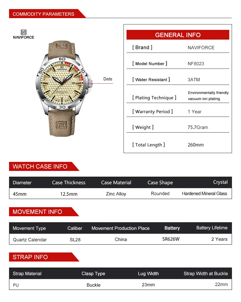 NAVIFORCE Men Wristwatch Top Brand Luxury Waterproof Watch Blue Genuine Leather Sport Military Quartz Original Male Clock 8023