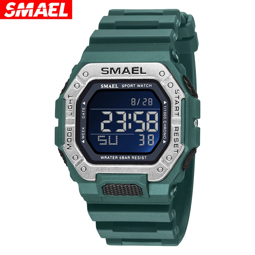 new Brand Men Sport Watches Digital LED Clock Waterproof Auto Date Green Square Wristwatches 2025 8059 Rubber Strap