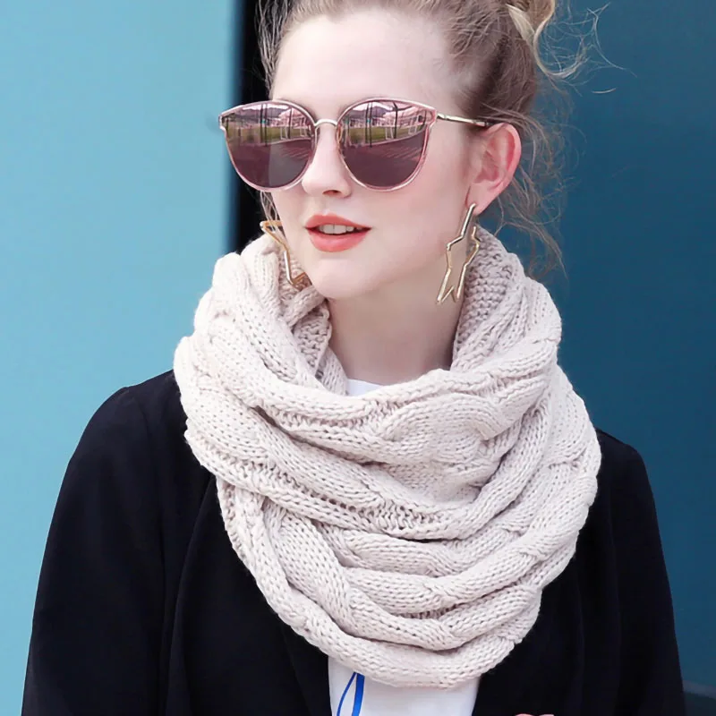 Chunky Cable Knitted Loop Scarf Women Winter Solid Color Neck Warmer Infinity Scarves Snood Hot Sales