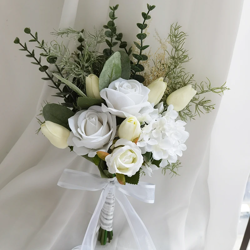 Artificial Wedding Flower Silk Rose Green Eucalyptus Leaves Bridal Bouquet Fake Flower for Wedding Table Party Bridesmaid