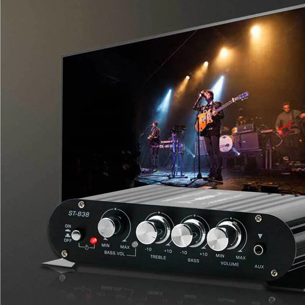 ST-838 HIFI Amplifier 2.1 Channel Car MP3 Mini Amp AUX Input High and Low Bass Adjustment Super Bass 20WX2+40W Black Silver