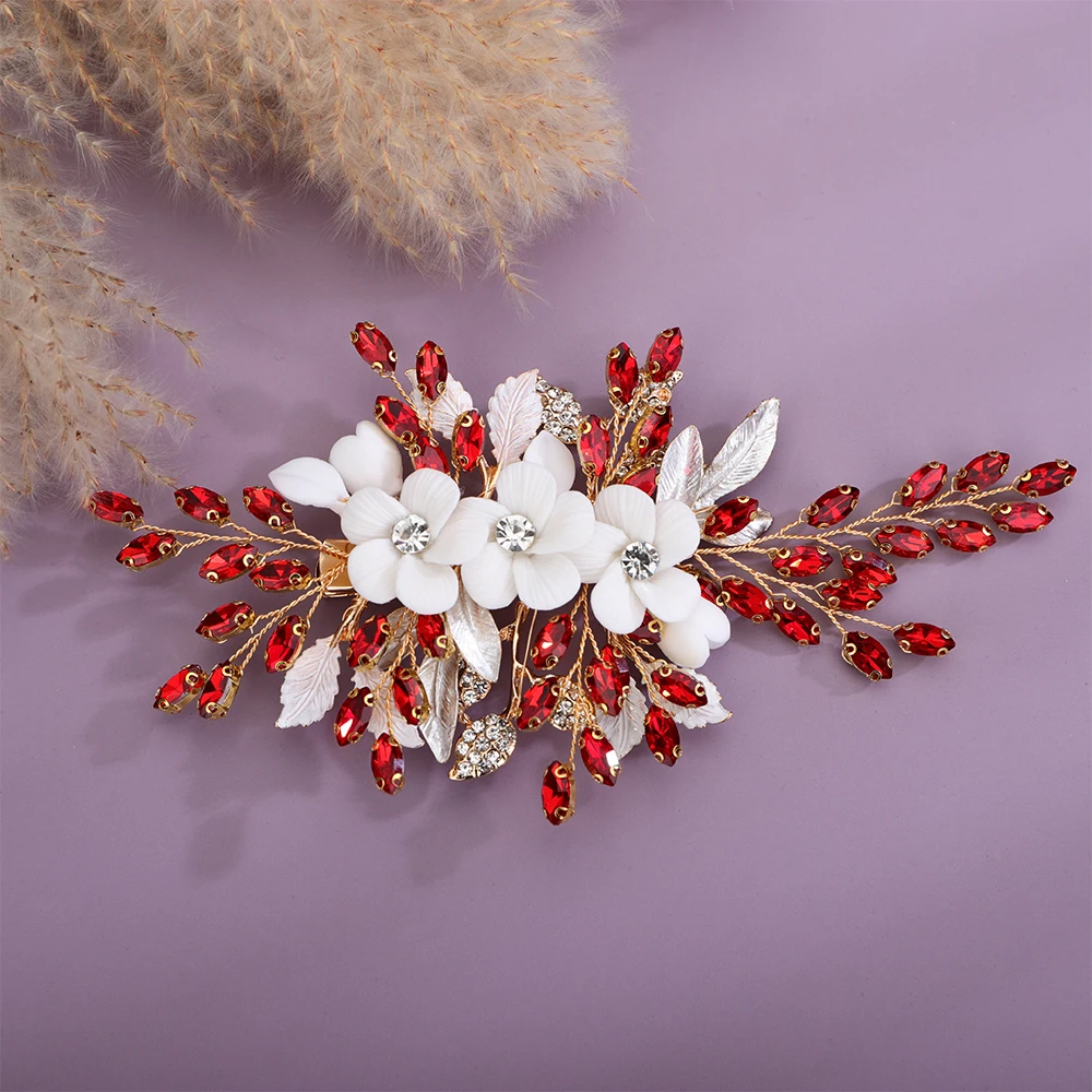 Bridal Hair Clip Rhinestone Flower Red Blue Wedding Head Accessories Jewelry Trendy Green 2025 Pink Headpice for Women new Sier Tiaras