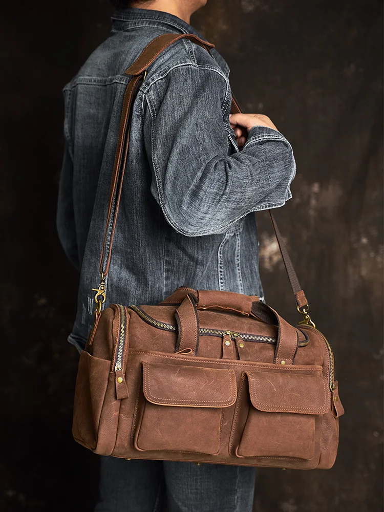 NUPUGOO Vintage Men's 2025 Travel Bag Genuine Leather Hand Lage Duffle new Handmade Large Capacity Shoulder For 16 Inch Laptop