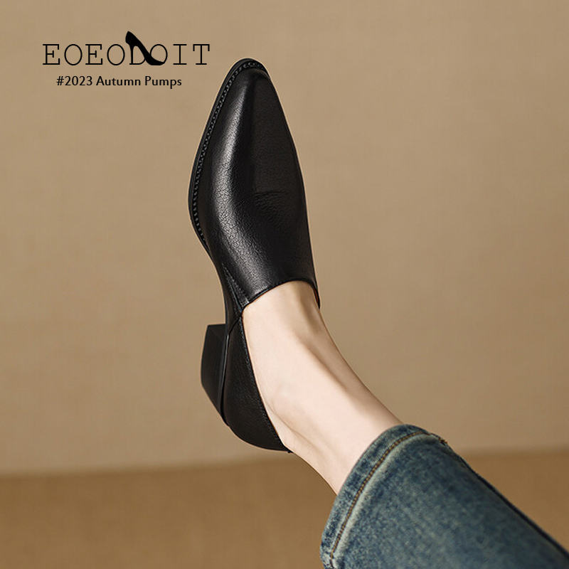 2024 Ins Leather Heeled Shoes Women Retro Pointed Toe Chunky Heel Pumps Deep Mouth Medium Heel Spring Autumn Rain shoes